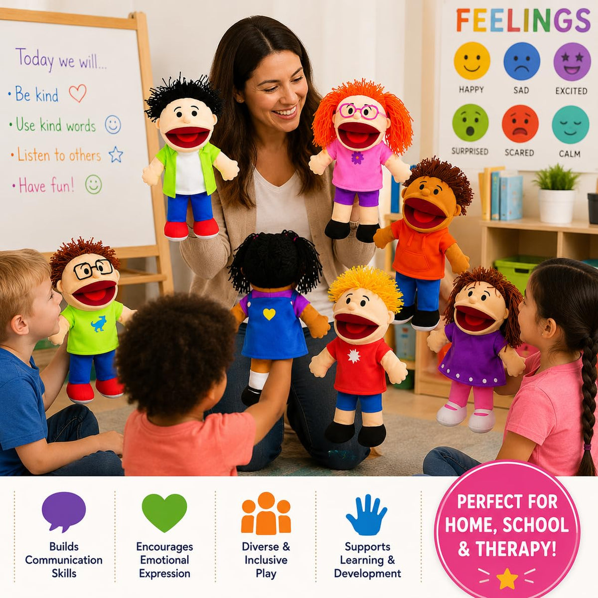Fun Express Hand Puppets for Kids, 8 Multicultural, 14 Inch | Plush with Movable Mouths, Speech Therapy, Social Emotional Learning, Dramatic Play