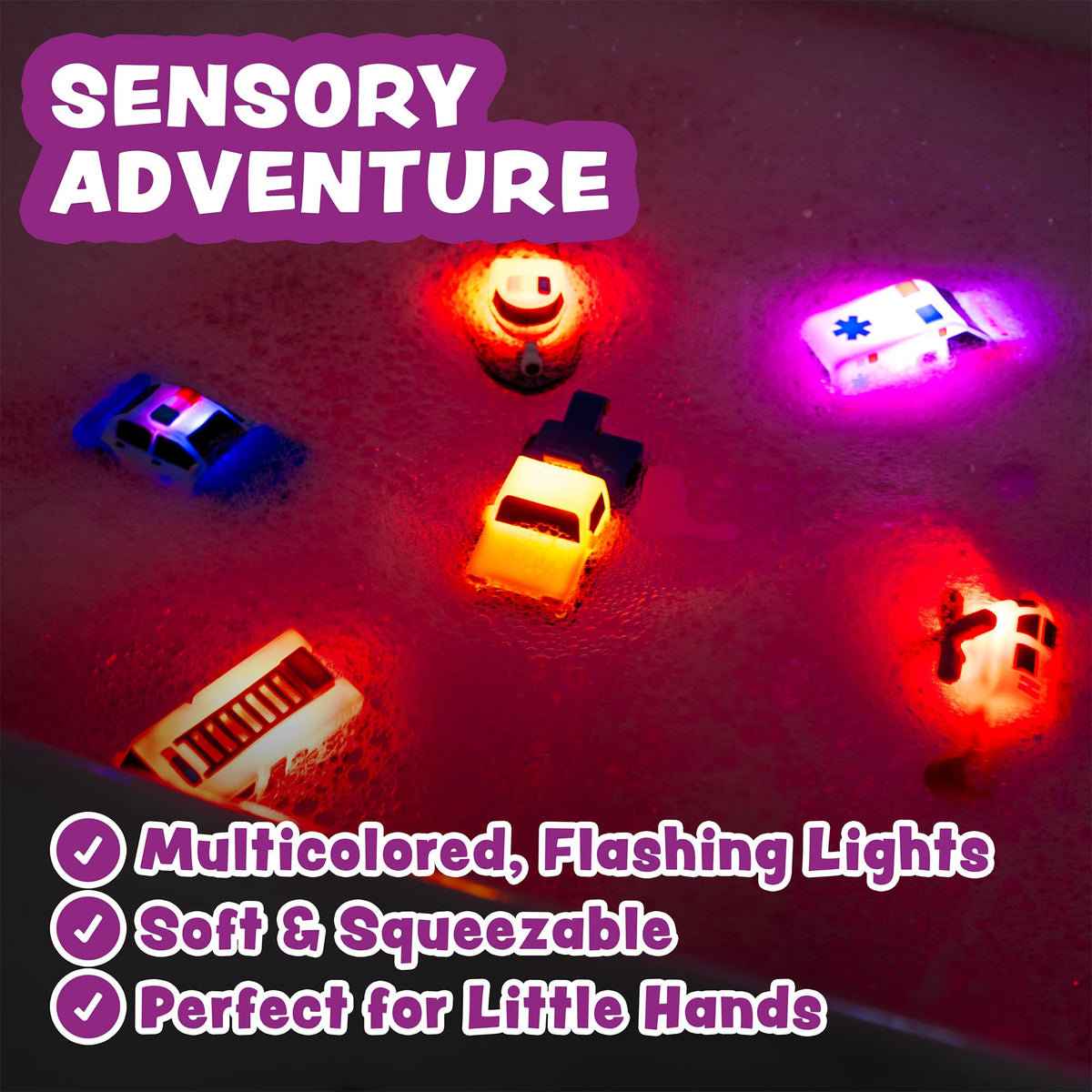 Tub Works® Emergency™ Cars Light Up Bath Toys, 6 Pack | Water-Activated Light Up Toys Flash & Change Colour | Soft, Squeezable Baby & Toddler Bath Toys | Sensory Toys with Bath Lights for Kids Bath