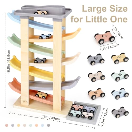 Joyreal Montessori Toddler Toys for 1 2 3 Year Old Wooden Car Ramp Toys | 7 Level Ramp Racer, 8 Mini Cars & 2 Garages, Toy Vehicle Set for Boys and Girls, Christmas Birthday Gifts for 1-2 Year Old