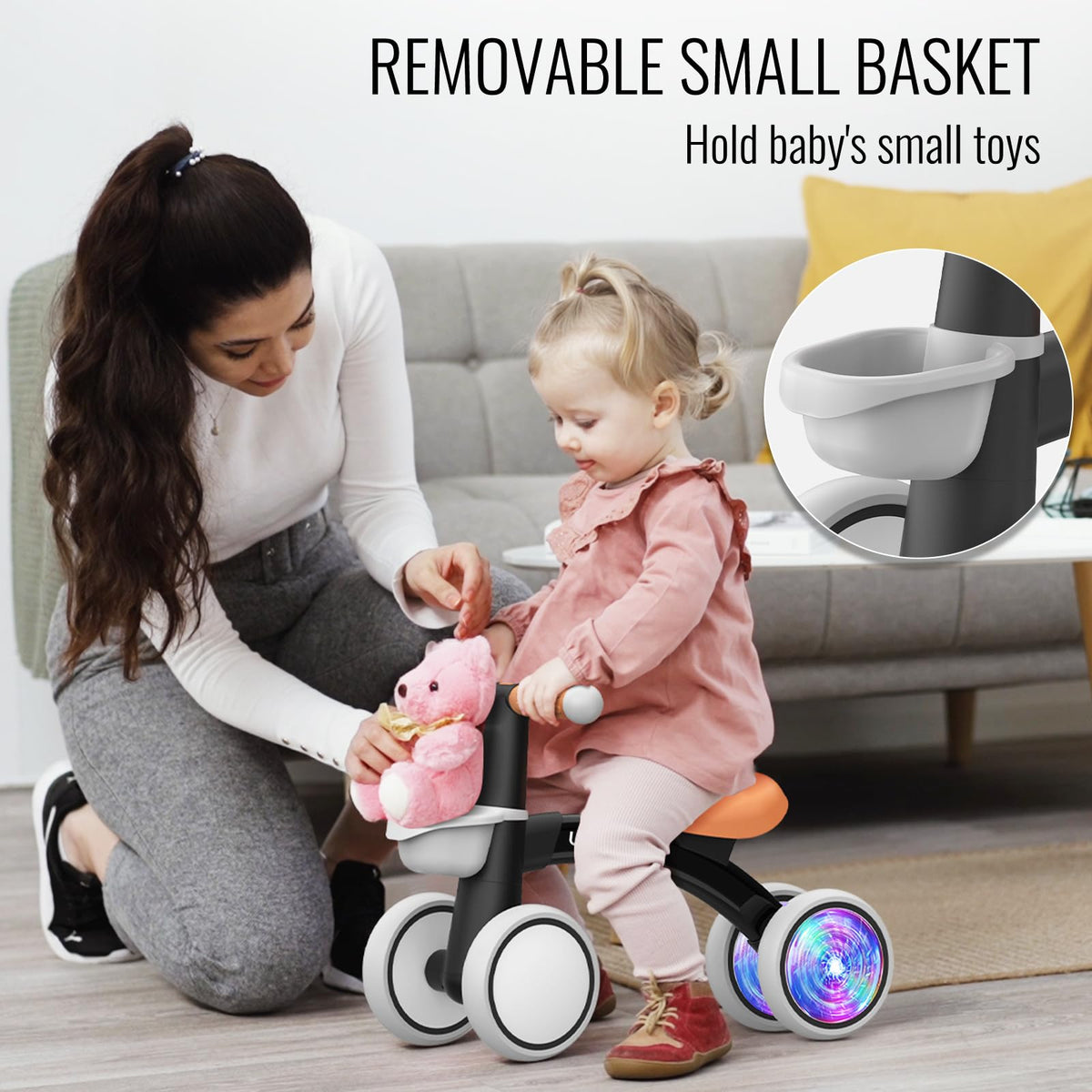 Umatoll Baby Balance Bike Toy for 1 Year Old Boy Girl, First Birthday Gift | 12-24 Months Toddler First Ride on Toys, Colorful Lighting Rear Wheels, Adjustable Seat Baby Walker, Basket