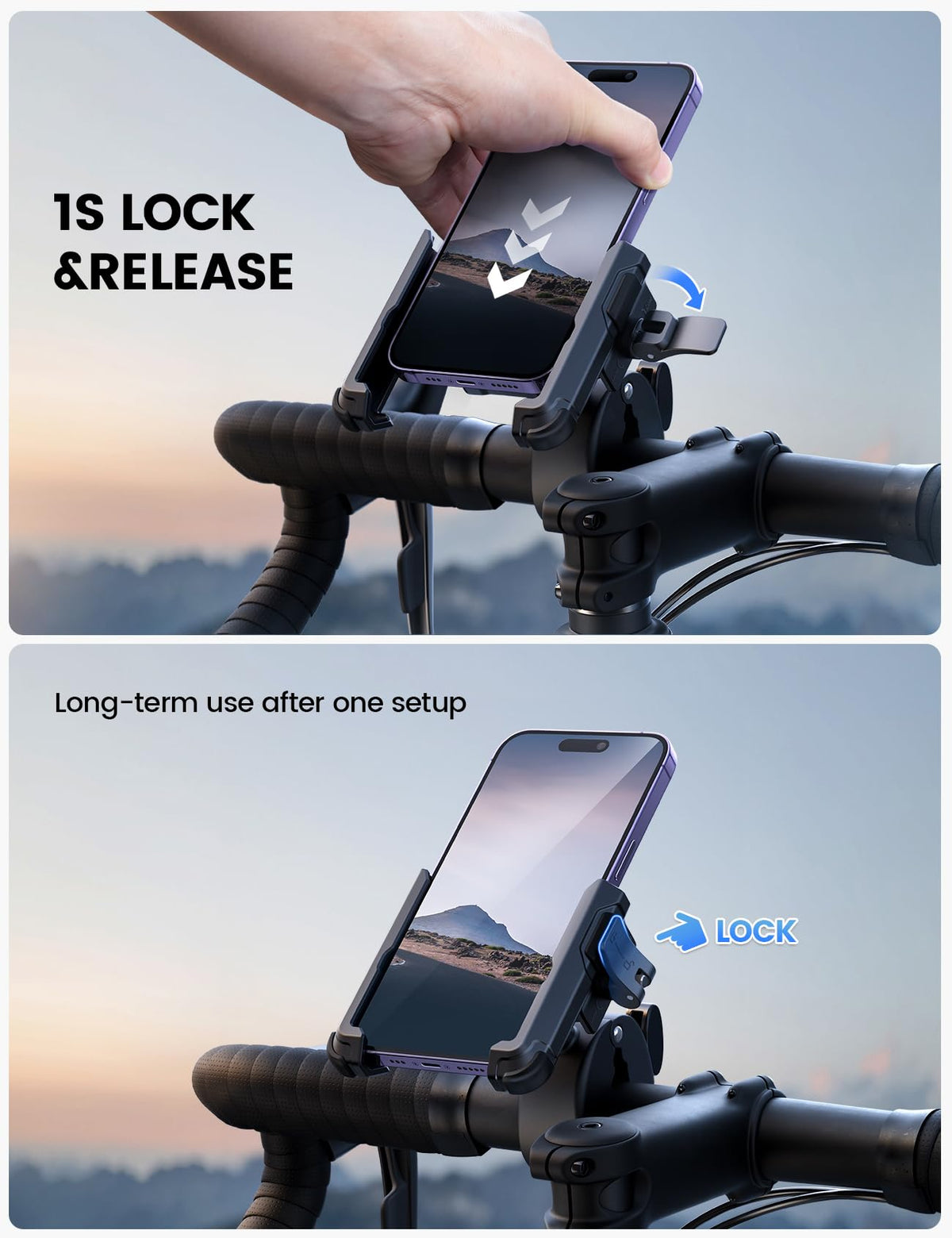 Lamicall Motorcycle Bike Phone Mount, 1s Lock Bike Phone Holder | Camera Friendly Bicycle Phone Clip, Scooter Accessories Gifts for iPhone 18 17 Pro Max, Galaxy S25 Ultra, 4.7-7" Phones