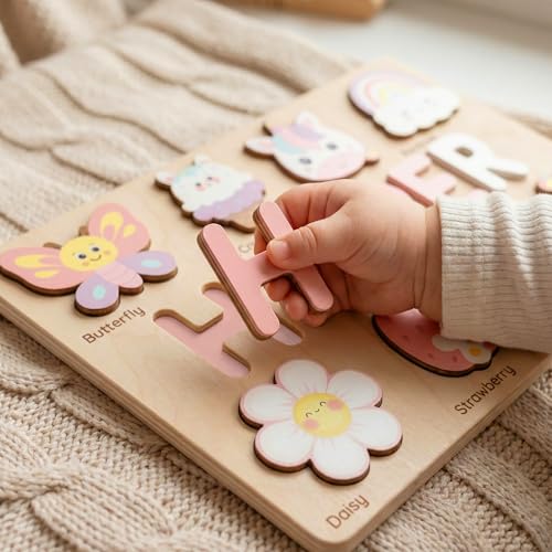 Personalized Name Puzzle for Toddlers 1-3 | Custom Wooden Baby Girl Gift with 48 Animal Art Sets | 1st Birthday Gift for Girls | Personalized Baby Boy & Girl Gifts Keepsake