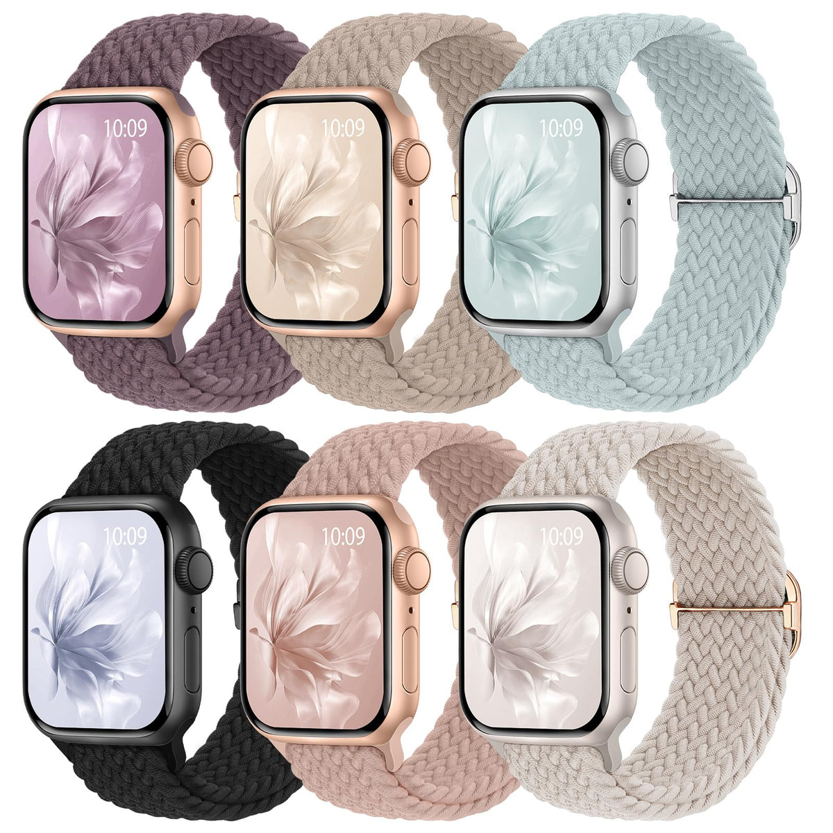 6 Pack Braided Stretchy Bands Compatible with Apple Watch Band Women Men | 38/40/40/42/44/45/46/49mm Adjustable Nylon Solo Loop Elastic Strap for iWatch Series 12 11 10 9 8 7 6 5 4 SE Ultra 4