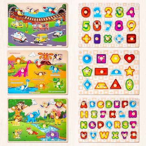 SYNARRY Wooden Puzzles for Toddlers 1-3, 6XSET Puzzles for Toddlers 2-4 with Rack, Learning Alphabet Number Animal Dinosaur Vehicle for Kids, Education Toys for 2 3 Years Boys Girls