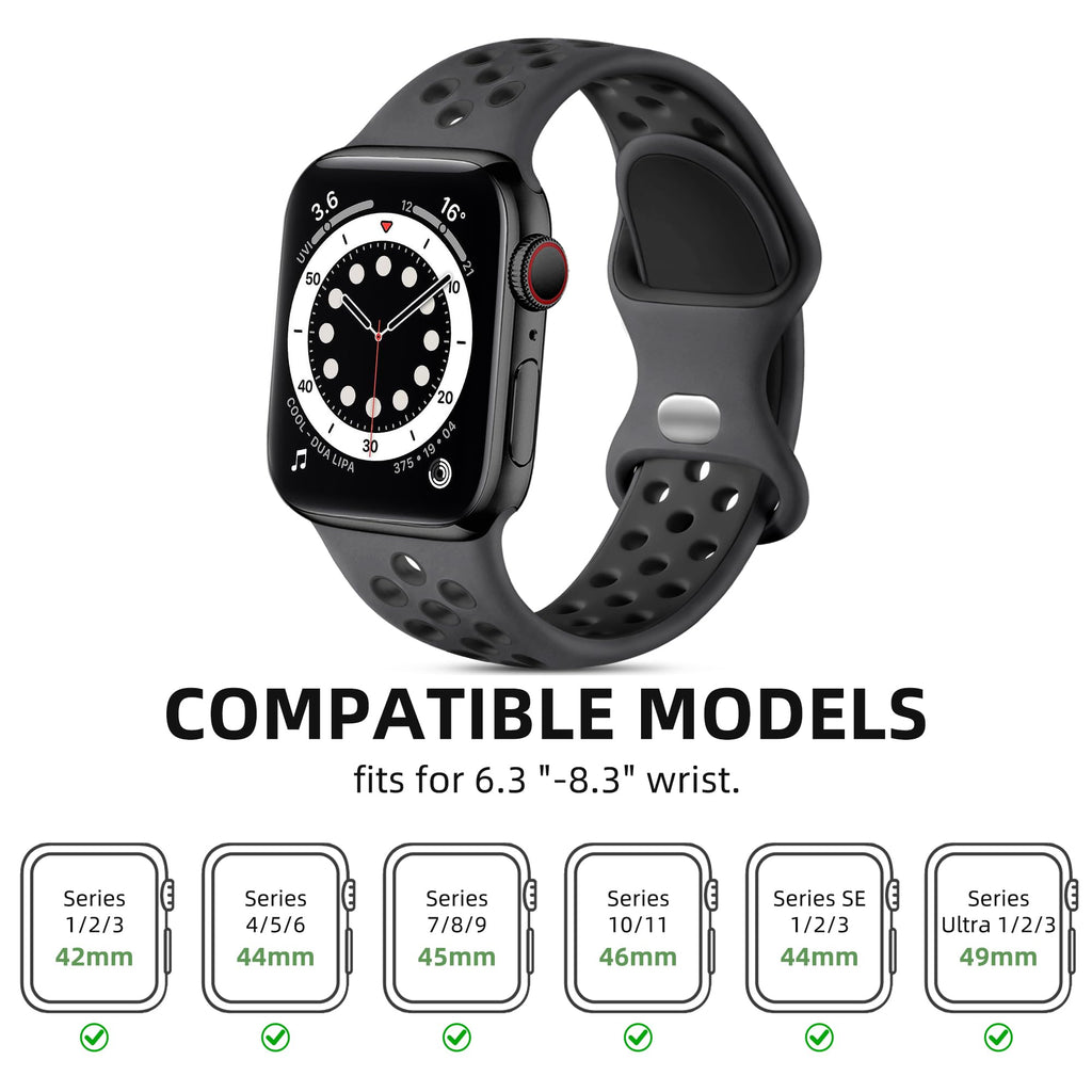 Lerobo Sport Band for Apple Watch Bands 44mm 45mm 46mm 42mm 49mm Men Women | Soft Silicone Breathable Waterproof Strap for iWatch Series 12 11 10 9 8 7 6 5 Ultra 4 SE 3 2 1, Gym Workout Wrist Band Black