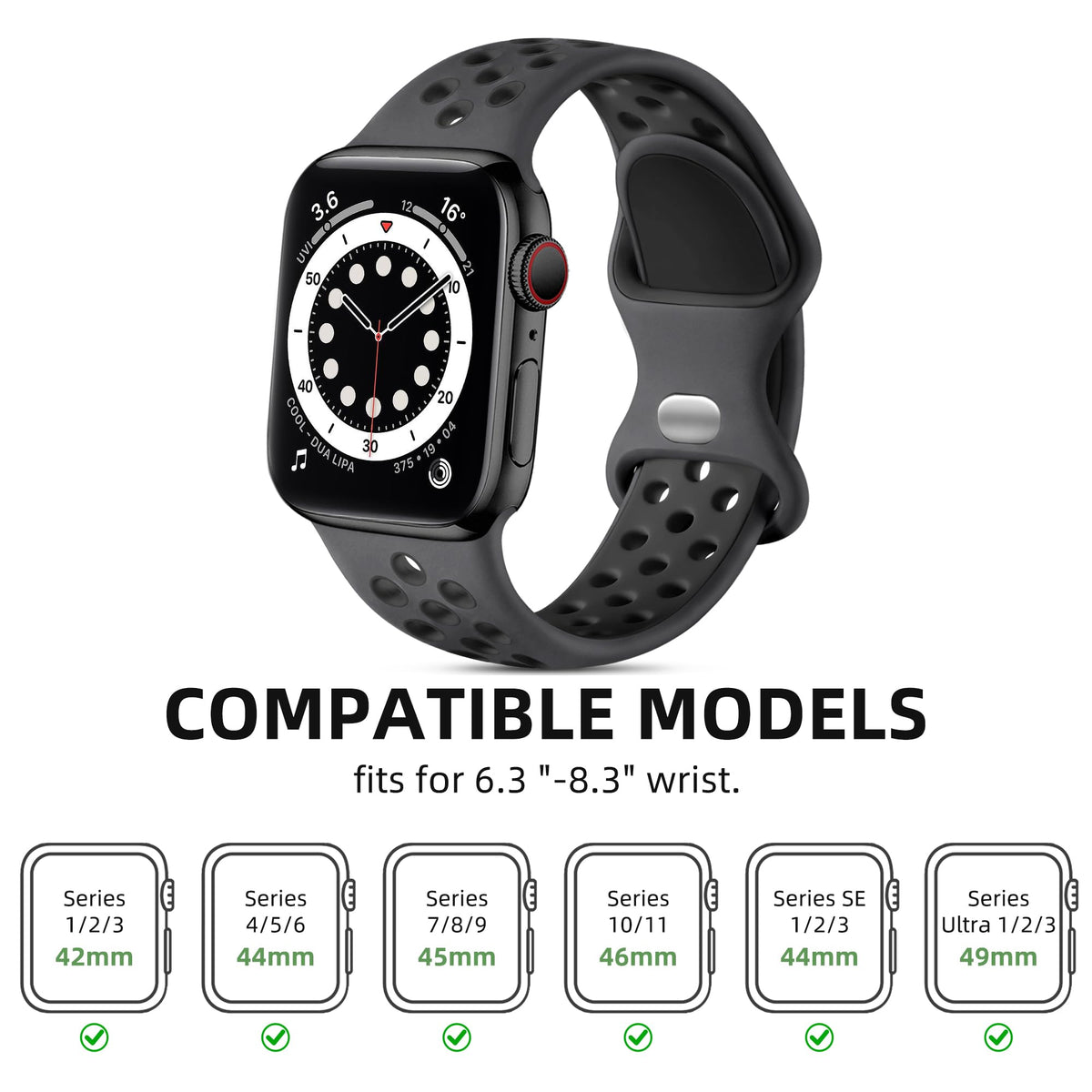 Lerobo Sport Band for Apple Watch Bands 44mm 45mm 46mm 42mm 49mm Men Women | Soft Silicone Breathable Waterproof Strap for iWatch Series 12 11 10 9 8 7 6 5 Ultra 4 SE 3 2 1, Gym Workout Wrist Band Black