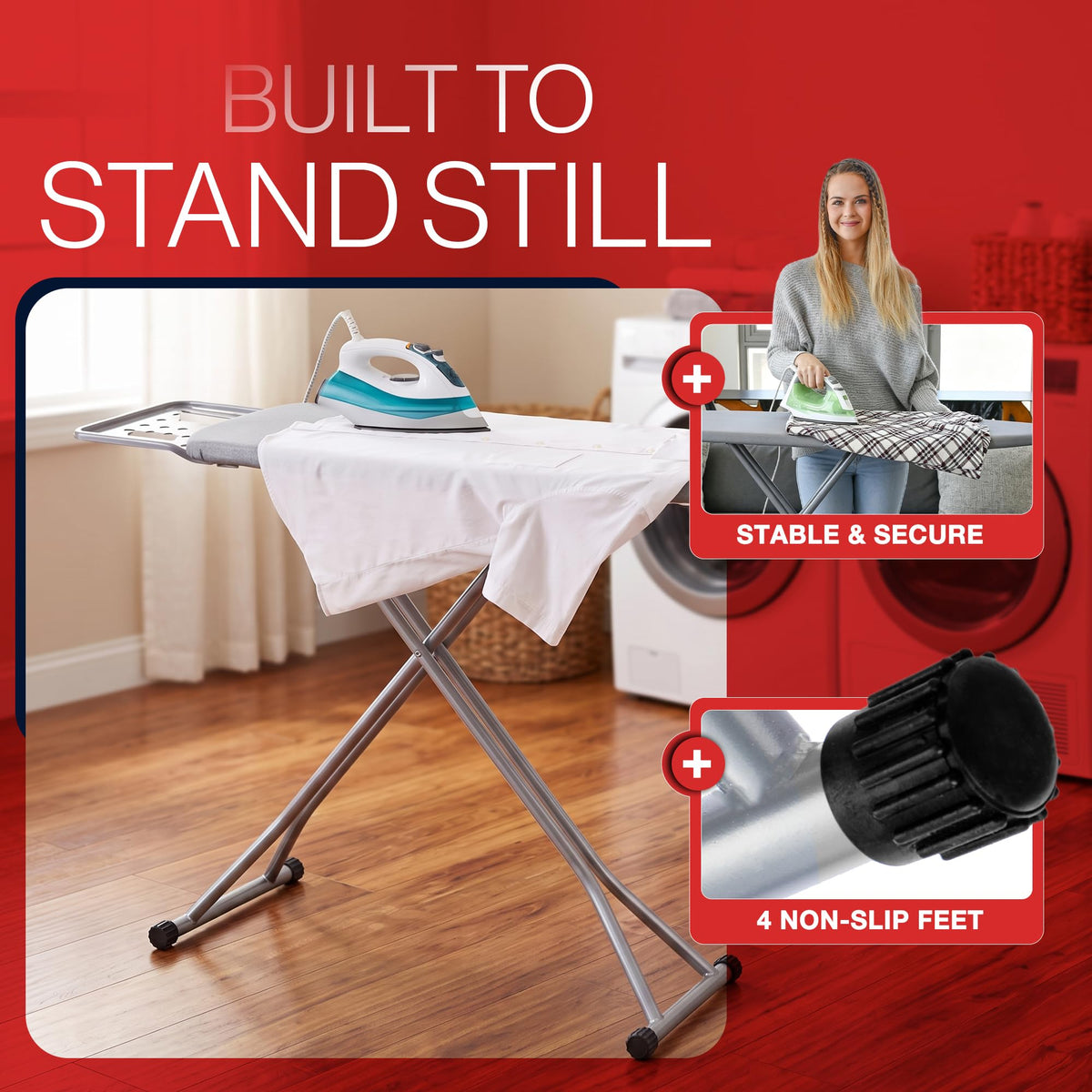 BKTD Full Size Ironing Board, Sturdy Frame, Heat Resistant Cover, Iron Rest | Stable Steel Construction, Wide Ironing Surface, Adjustable Height, Anti-Slip Feet, Foldable Design