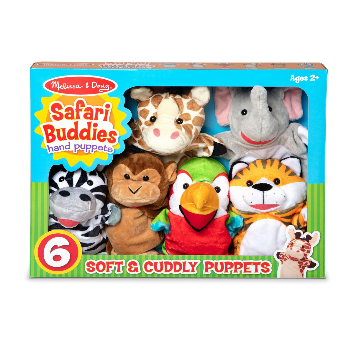 Melissa & Doug Safari Buddies Plush Hand Puppets 6-Piece Pretend Play Set | 6 Plush Safari Animal Hand Puppets, Elephant, Tiger, Parrot, Giraffe, Monkey, Zebra, Washable, Toddler Toys for kids, Ages 2+