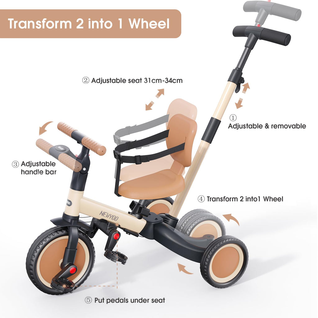 newyoo TR007 5-in-1 Tricycle for Toddlers 1-3, Toddler Bike, Birthday Gift | Toddler Trike with Push Handle Lets Parents Steer and Converts to Balance Bike, Fun Outdoor Toy for Boys and Girls, Khaki