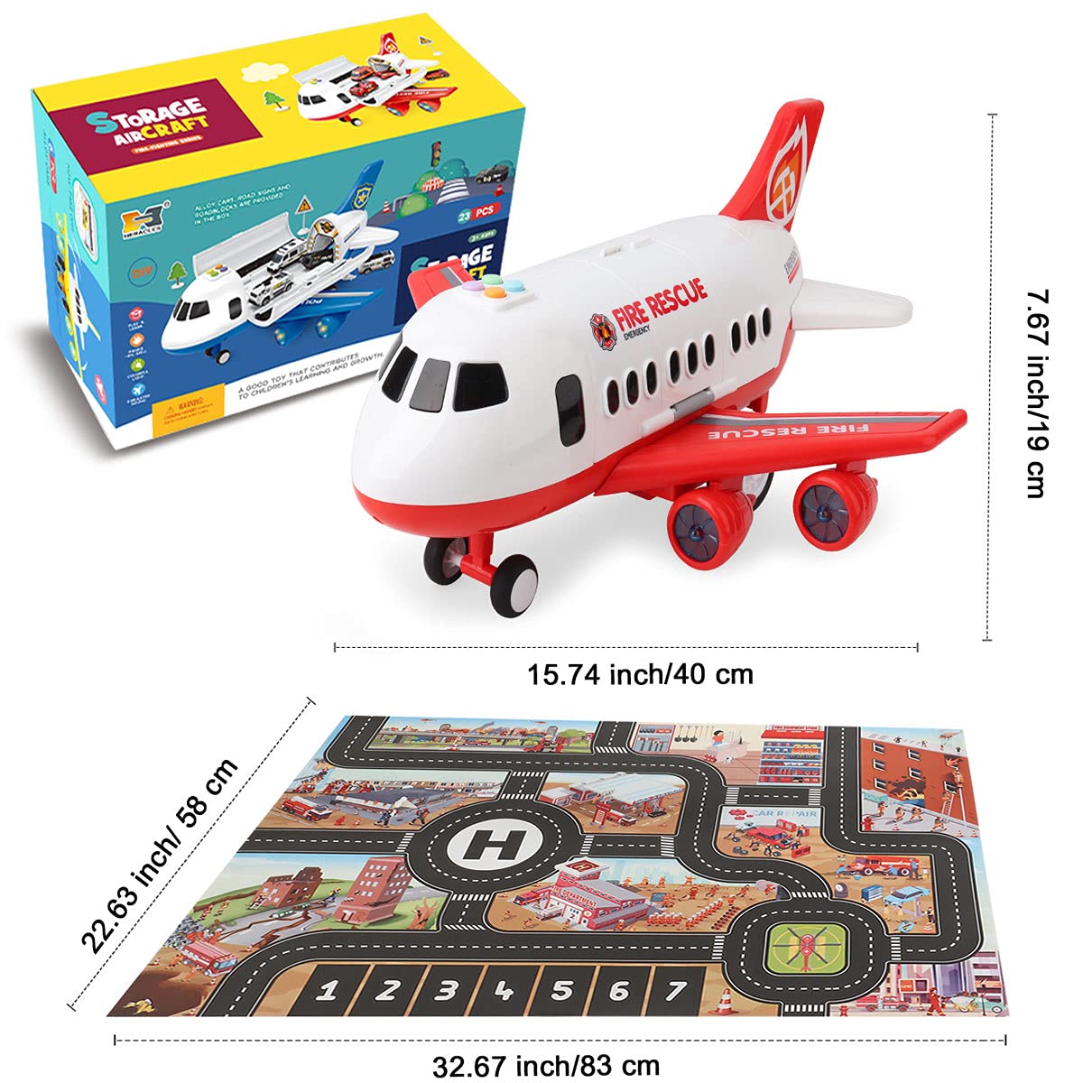Dwi Dowellin Airplane Toy with Fire Truck Cars and Play Mat,Plane with Lights and Sounds for 3 + Years Old Boys and Girls