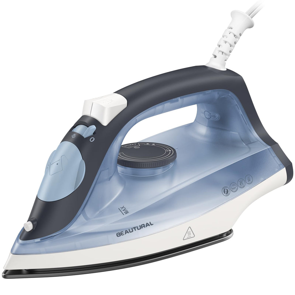 BEAUTURAL Compact Steam Iron for Clothes with Non-Stick Soleplate, Blue | Burst of Steam, Spray Mist, Self-Cleaning, Anti-Calcium, Anti-Drip, Easy Temperature Control, Light Weight, 1200 Watts