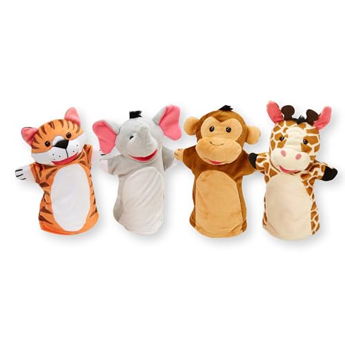 Melissa & Doug Zoo Friends Soft Plush Hand Puppets 4-Piece Glove Set | 4 Plush Hand Puppets, Elephant, Giraffe, Tiger, Monkey, Washable Puppet Gloves, Pretend Play, Toddler Toys for Kids, Ages 2+