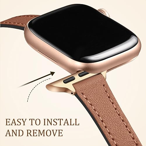 Charlam Slim Leather Band Compatible with Apple Watch Bands for Women 40mm 38mm 41mm 42mm 44mm 45mm 46mm, Top Grain Genuine Leather Strap Thin Wristband for iWatch Series 12 11 10 SE 9 8 7 6 5 4 3 2 1