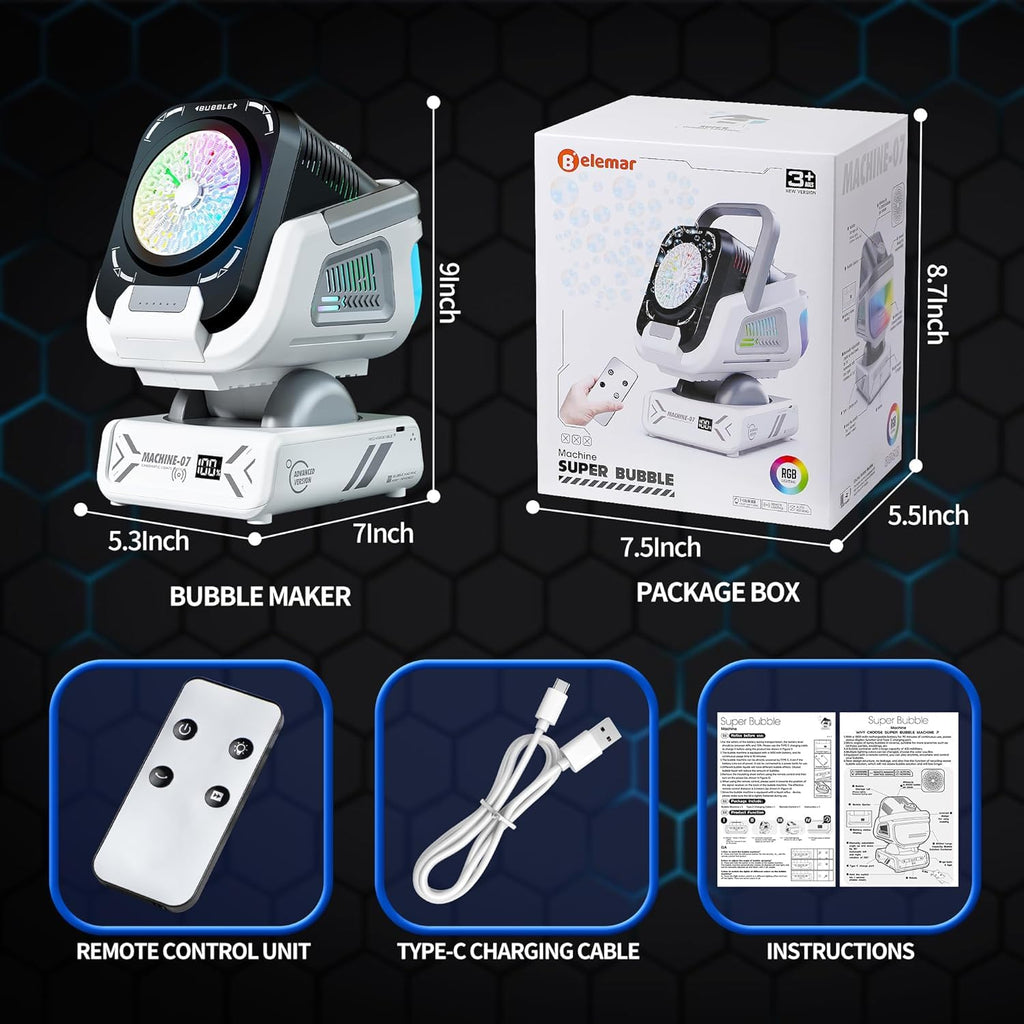 Upgraded Bubble Machine Outdoor Toys for Kids & Wedding Party | Auto Rotation,Type-C Rechargeable,Remote Control,RGB Lights