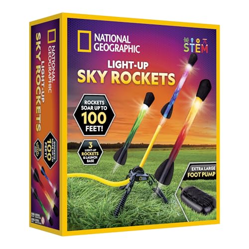 National Geographic LED Air Rocket Launcher Toy for Kids Ages 8-12 | Launches Up to 100 Feet, Air Powered, Foam-Tipped Rockets, Outdoor STEM Toy, Light-Up Rocket, Birthday Gift
