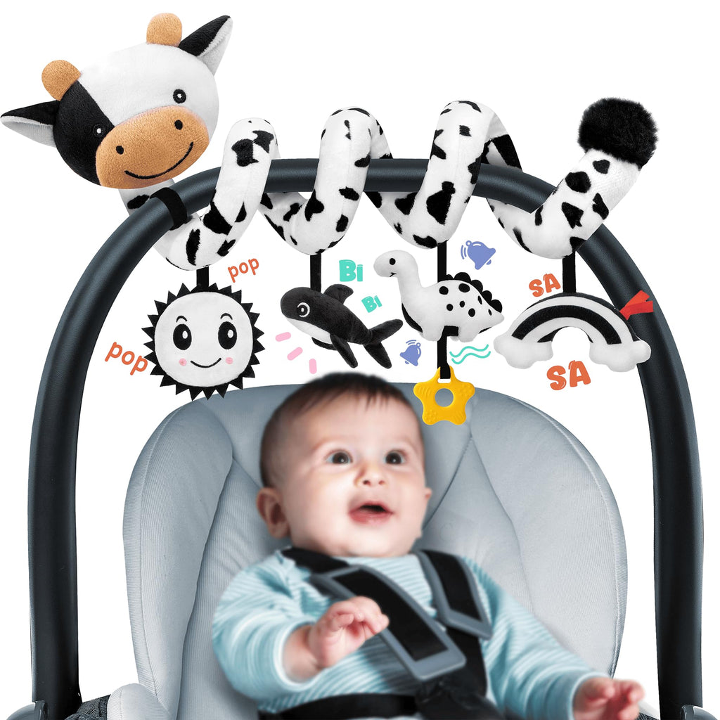 Spiral Car Seat Baby Toys 0-6 Months, Infant Carseat High Contrast Sensory Toys Hanging Stroller Accessories, Newborn Shower Gifts for Baby Boys Essentials Stuff, Cute Black and White Cow
