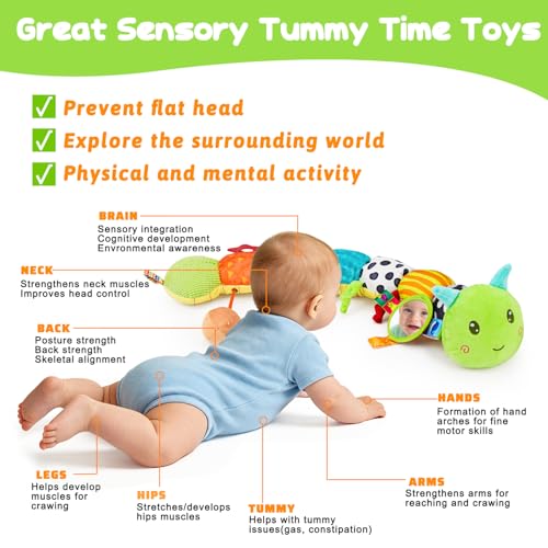 Baby Toys 0-6 Months Musical Stuffed Caterpillar Newborn Tummy Time Toys | Sensory Toys with Mirror Crinkle Rattle for Infants 0-3 3-6 2 3 4 5 6-12 Months Old Babies Boy Girl Shower Gifts Essentials