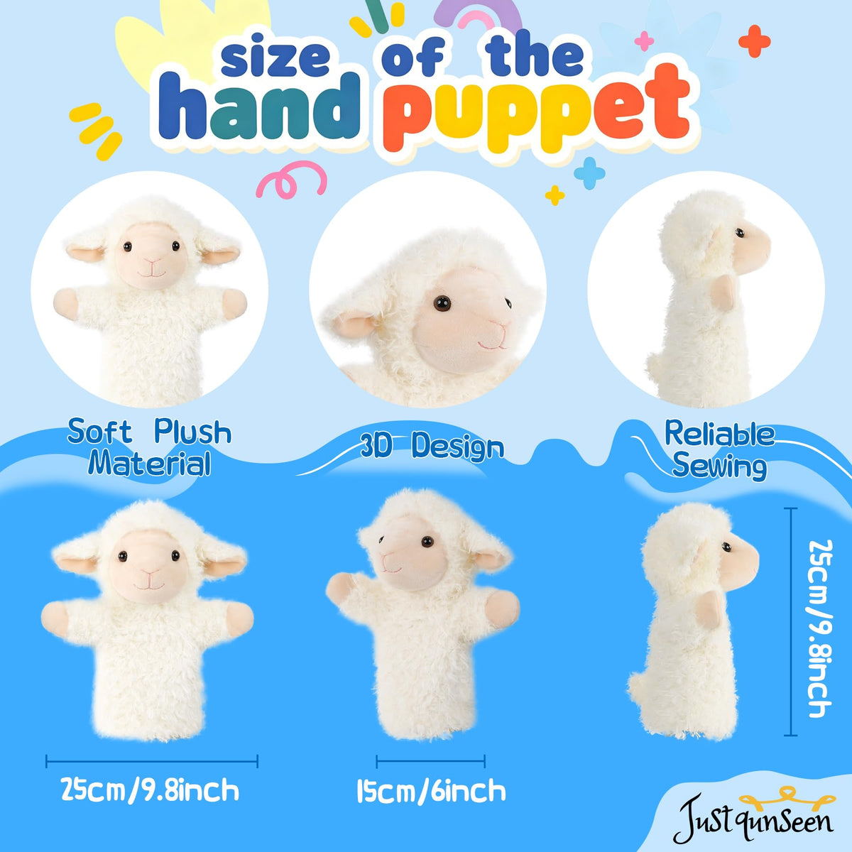 JUSTQUNSEEN Sheep Hand Puppets Lamb Plush Toy Stuffed Animal Soft Fuzzy for Baby Story Time Safe Washable Stuffed Adult Hands Fit Interactive Play