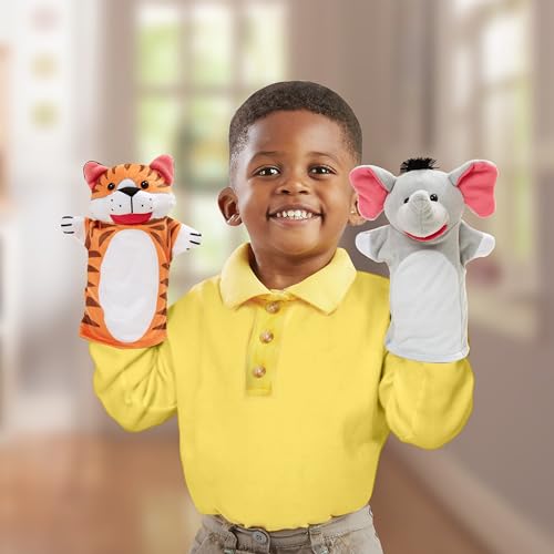 Melissa & Doug Zoo Friends Soft Plush Hand Puppets 4-Piece Glove Set | 4 Plush Hand Puppets, Elephant, Giraffe, Tiger, Monkey, Washable Puppet Gloves, Pretend Play, Toddler Toys for Kids, Ages 2+