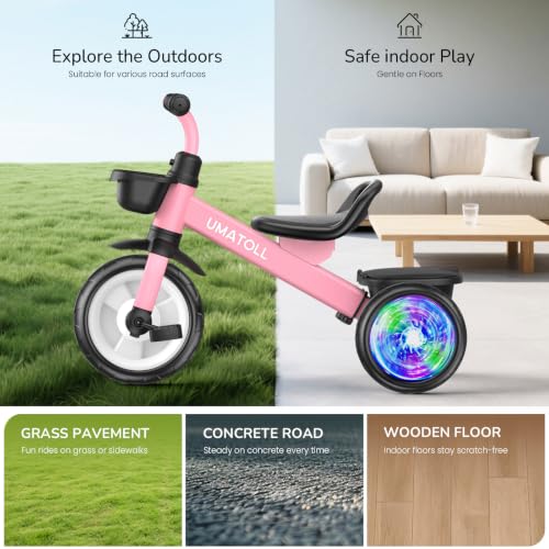 Umatoll Tricycle for 2-5 Year Old, Birthday Gift for Girl Age 2-4 | Adjustable Kids Bike Outdoor Toys, Trike with Light up Wheels