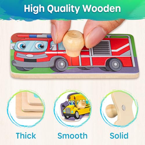 SYNARRY Wooden Puzzles for Toddlers 1-3, 6XSET Puzzles for Toddlers 2-4 with Rack, Learning Alphabet Number Animal Dinosaur Vehicle for Kids, Education Toys for 2 3 Years Boys Girls