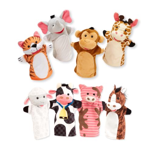 Melissa & Doug Animal Hand Puppets 2-Pack 8-Piece Pretend Play Set | 8 Piece Hand Puppet Set, 4 Farm Animals, 4 Zoo Animals, Washable Fabric, Storytelling Play, Toddler Toys for Kids, Ages 2+
