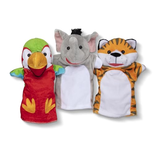Melissa & Doug Safari Buddies Plush Hand Puppets 6-Piece Pretend Play Set | 6 Plush Safari Animal Hand Puppets, Elephant, Tiger, Parrot, Giraffe, Monkey, Zebra, Washable, Toddler Toys for kids, Ages 2+