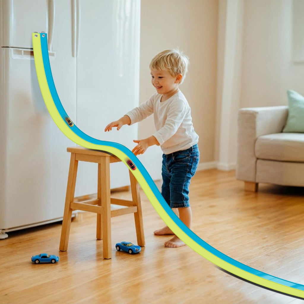 Flex Tracks 15 Ft for Kids Starter Set, Flexible Race Car Ramp Track with Suction Cups Compatible with Diecast 1/64th Cars for Ages 3 & Up (Green & Blue)