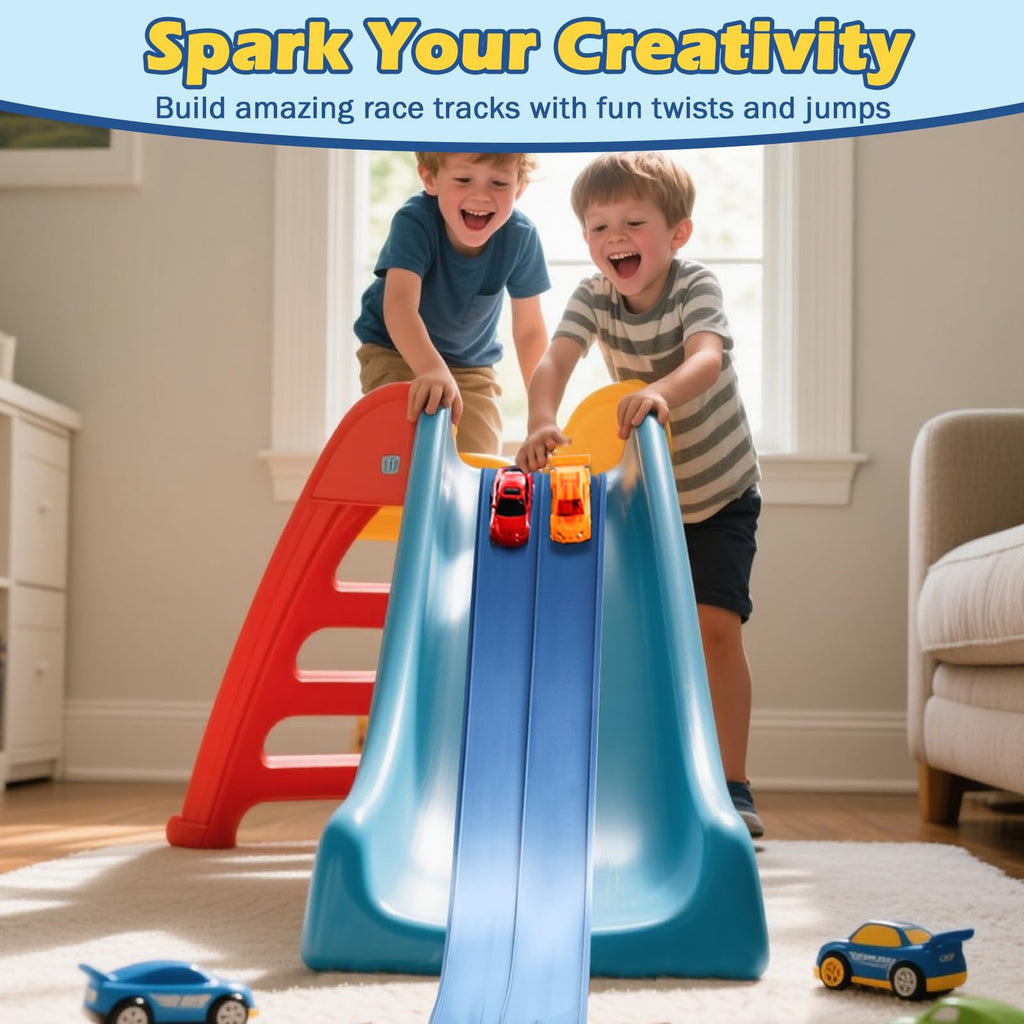 INKZOO Flex Tracks 15 Ft Starter Set Flexible Race Track for Kids 3+, Flexible Car Track Race Car Ramp Track Compatible with Diecast 1/64th Cars, Portable Rolls Up Race Tracks with Strong Suction Cups