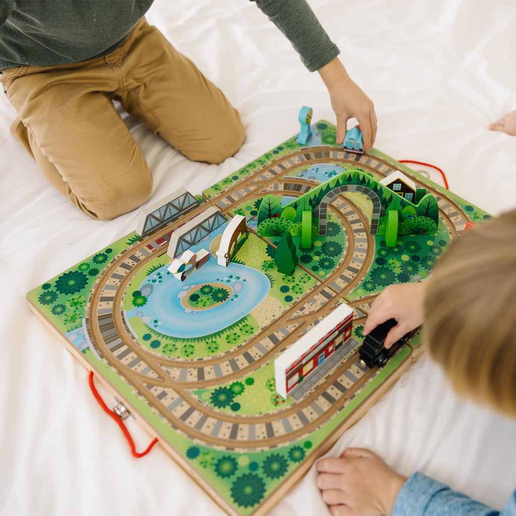 Melissa & Doug Take-Along Railroad Wooden Tabletop Play Set | 17 Pieces, Portable Playset, Railroad Pretend Play, 3 Trains, 1 Truck, Animals, Preschool Learning Toys for Kids, Ages 3+