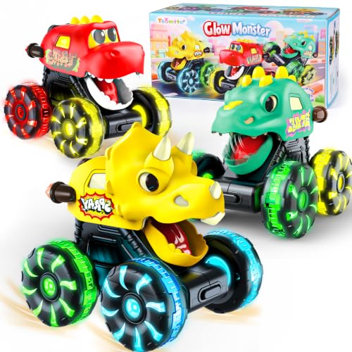 Monster Truck Toys Dinosaur Cars, Press and Go Light Up Cars for Toddlers | LED Wheels Dino Truck Toys for Toddler Boys Girls Gifts, Dinosaur Cars for 2 Year Old Boy Christmas Birthday Gifts