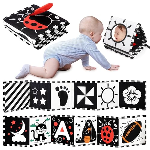 URMYWO Black and White Baby Toy, Tummy Time High Contrast Newborn Toys | Visual Stimulation Soft Baby Book, Brain Development Montessori Sensory Infant Mirror Toy 0-6-12 Months, Boy Girl Shower Gift