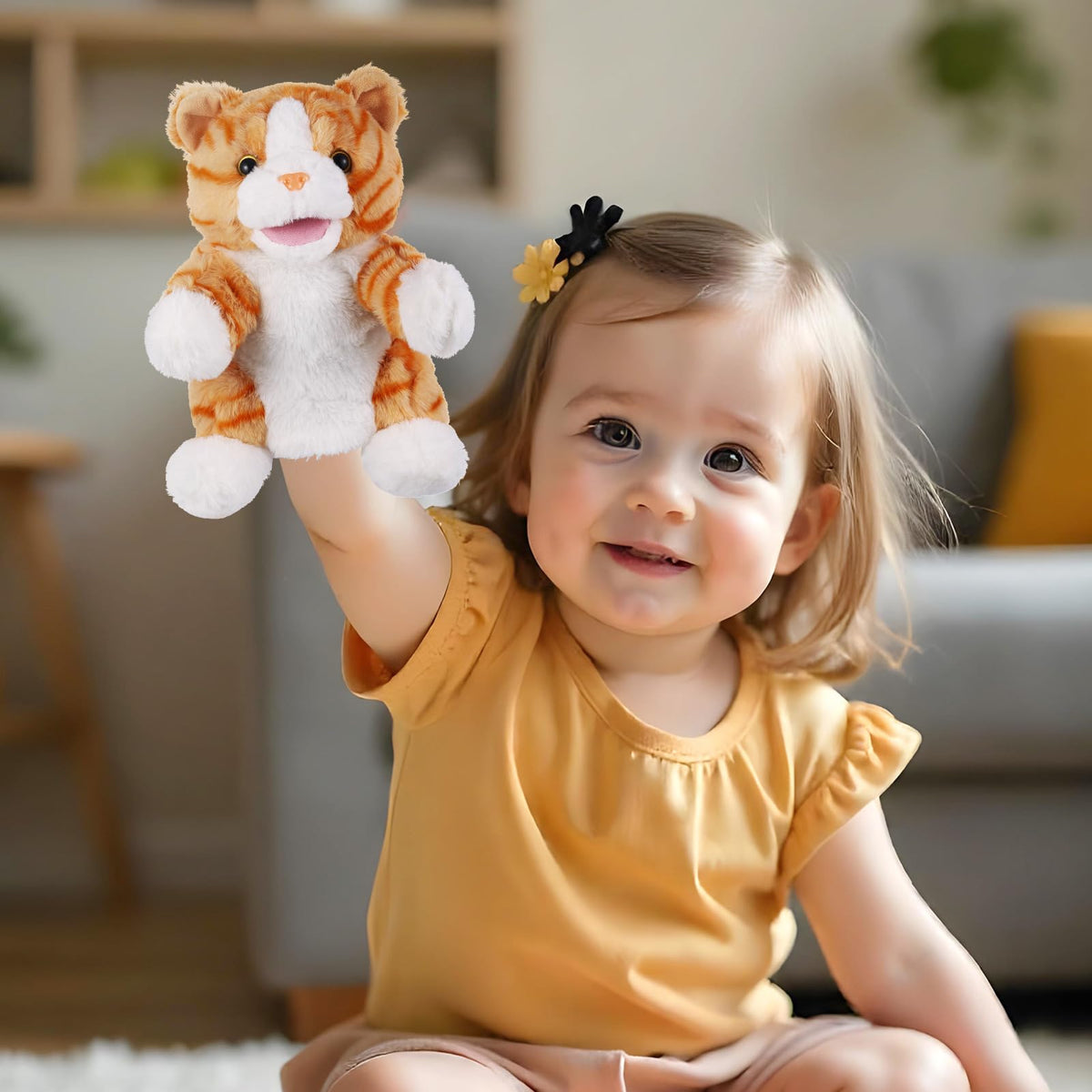 Animal Hand Puppets 11 Inch Sea Turtle Plush Dinosaur Animals Hand Puppet Toys Role-Play Toy Puppets for Kids Storytelling Imaginative Pretend Play Teaching Preschool(Cat)