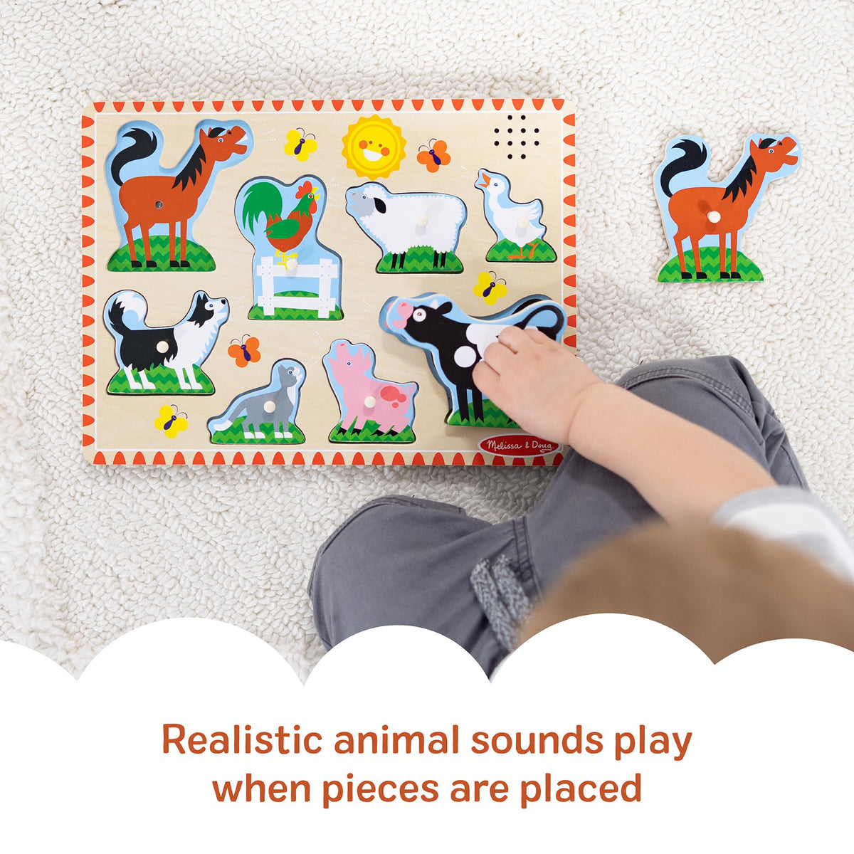 Melissa & Doug Farm Animals Wooden Sound Peg Puzzle 8-Piece Set | 8 Peg Pieces, Wooden Board, Light-Activated Sounds, Builds Matching & Motor Skills, Montessori Inspired Toddler Toys, Ages 2+