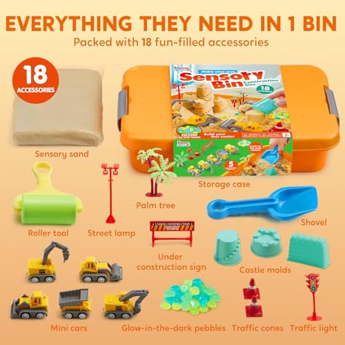 Klever Kits JOVA Construction Sensory Bin for Kids with Glow in The Dark Stones, Sandbox with Lid Castle Building kit, Preschool Learning Activities Gifts for Boys Girls Age 3+