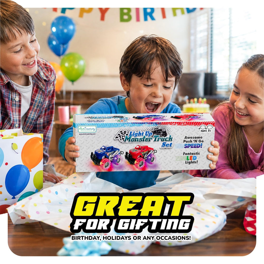 ArtCreativity Light Up Monster Truck Toys for Toddler Boys, Toy Cars Gift | Push and Go Friction Powered Cars, 2-Pack, Toddler Boys Age 2-4, Kids Ages 4-8, Birthday Gift, Batteries Included