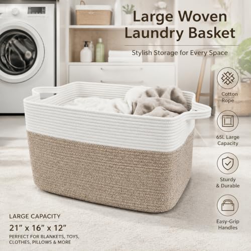 HZFTJOY 65L Laundry Basket with Handles, Woven Blanket Basket, White/Brown | 21"×16"×12" Collapsible Cotton Rope Storage Basket for Toys Clothes & Pillows, Nursery, Bathroom, Bedroom, Living Room