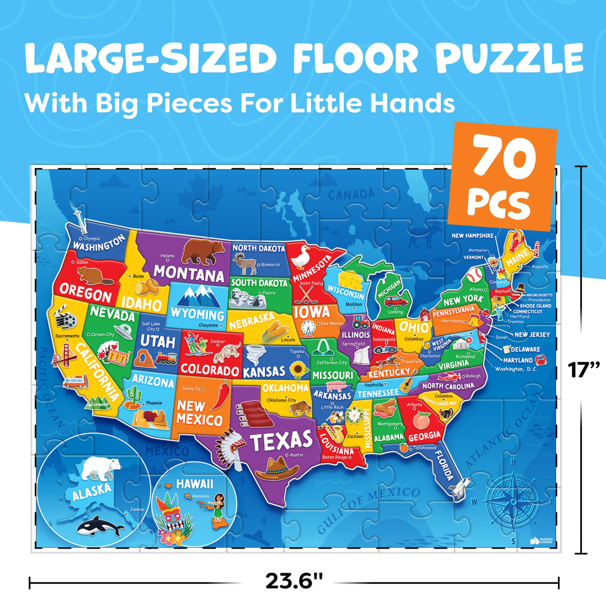 United States Puzzles for Kids Ages 6-8 & 4-6 - 70pc USA Map Kids Puzzles | 50 US States Floor Puzzles Boys Toys Age 4-6 - Educational US Geography Learning Toys Activity - Boys Gifts & Gifts for Girls
