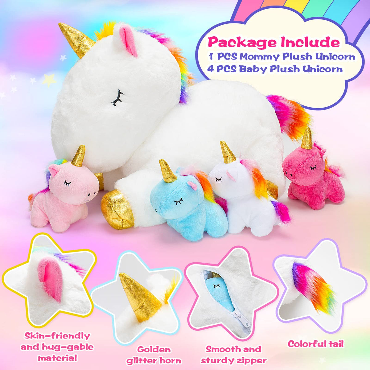 KMUYSL Mommy Plush Toys with 4 Babies, Stuffed Animal for Kids, Unicorn | Unicorn Plush with 1 Mommy and 4 Baby Unicorns. Stuffed Animal, Cuddling, Birthday Gifts for Girls