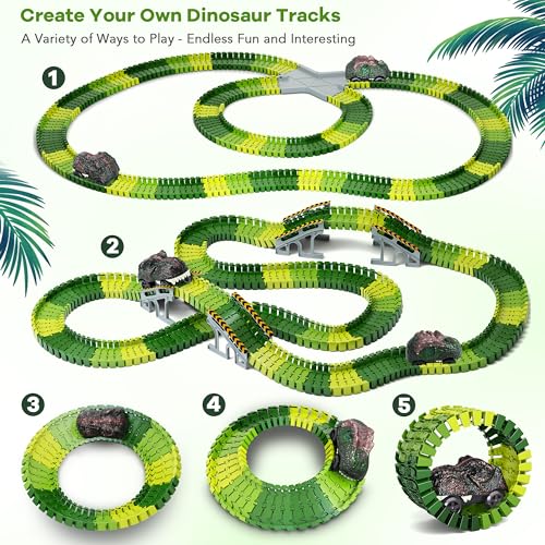 Dinosaur Toys, Create A Dinosaur World Road Race, Dinosaur Track Toys | Flexible Track Playset, 2 pcs Cool Dinosaur Car, Dinosaur Race Car Track for 3 4 5 6 Year & Up Old Boy Girls Best Gift