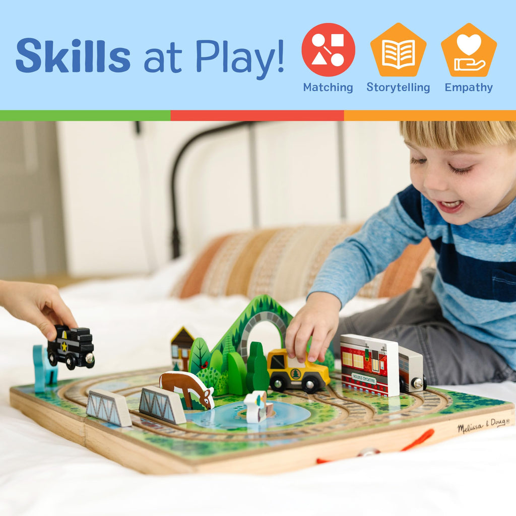 Melissa & Doug Take-Along Railroad Wooden Tabletop Play Set | 17 Pieces, Portable Playset, Railroad Pretend Play, 3 Trains, 1 Truck, Animals, Preschool Learning Toys for Kids, Ages 3+
