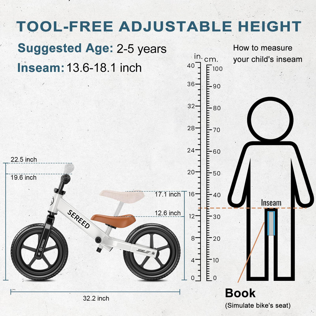 SEREED Toddler Balance Bike 2 Year Old, Gift for 2-3 Boys Girls, Adjustable | No Pedal Kids Toy Bike for 2-5 Years Old, Customize Plate with 3pcs Stickers (White)