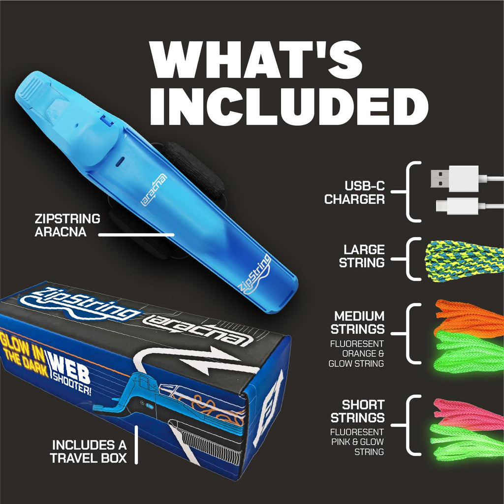 ZipString Aracna Glow-in-the-Dark Webshooter String Launcher Toy | With Travel Box & Fluorescent Strings, For Kids, Teens & Adults, Patented, Reloading, Durable, Superhero Web Shooting Action