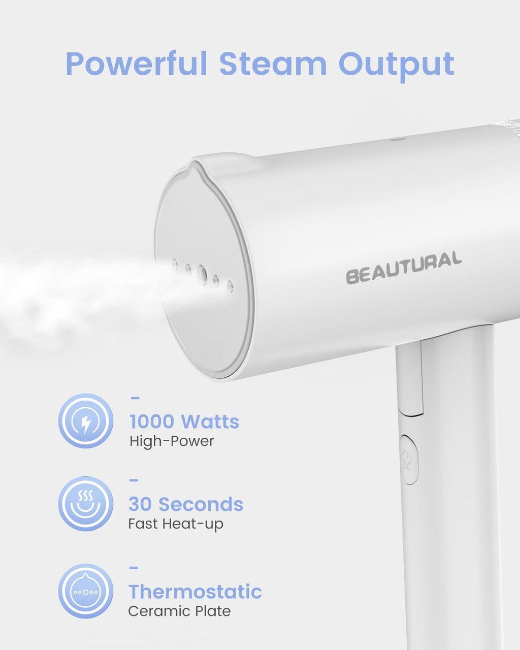BEAUTURAL Travel Steamer for Clothes, Portable & Handheld, 120V Only, White | 1000W (Not for 220V Europe), Foldable Garment Wrinkle Remover, Fast 30s Heat-up