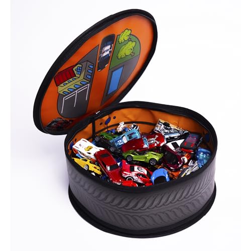 Hot Wheels ZipBin Wheelie Track Pack - Portable Toy Car Storage, Ages 3+ | Unzips Into 35.5in Racetrack Play Mat, Holds 100 Cars, Circle Tire Design with Carrying Handles for Travel, Ages 3+