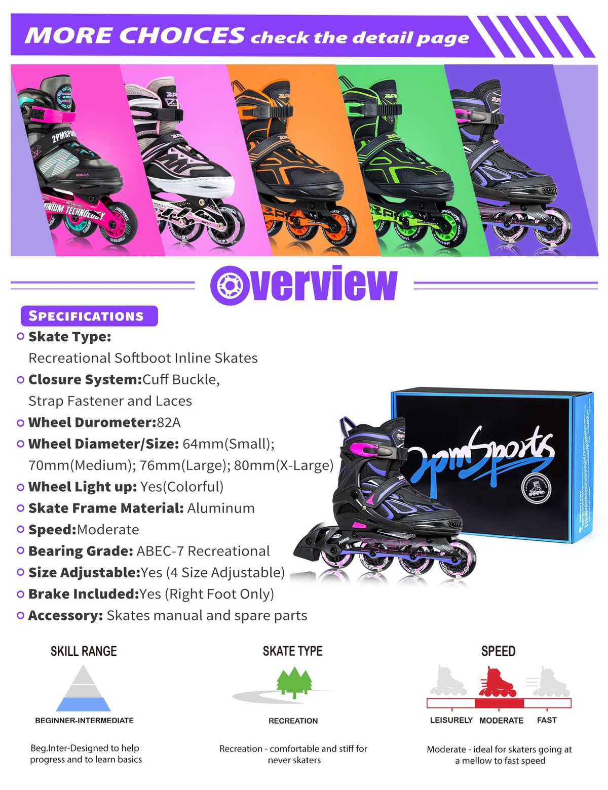 2PM SPORTS Adjustable Inline Skates for Kids, Youth and Adults | Reinforced aluminum frame; lateral support; beginner friendly; triple closure; light-up wheels; 2 non-woven bags