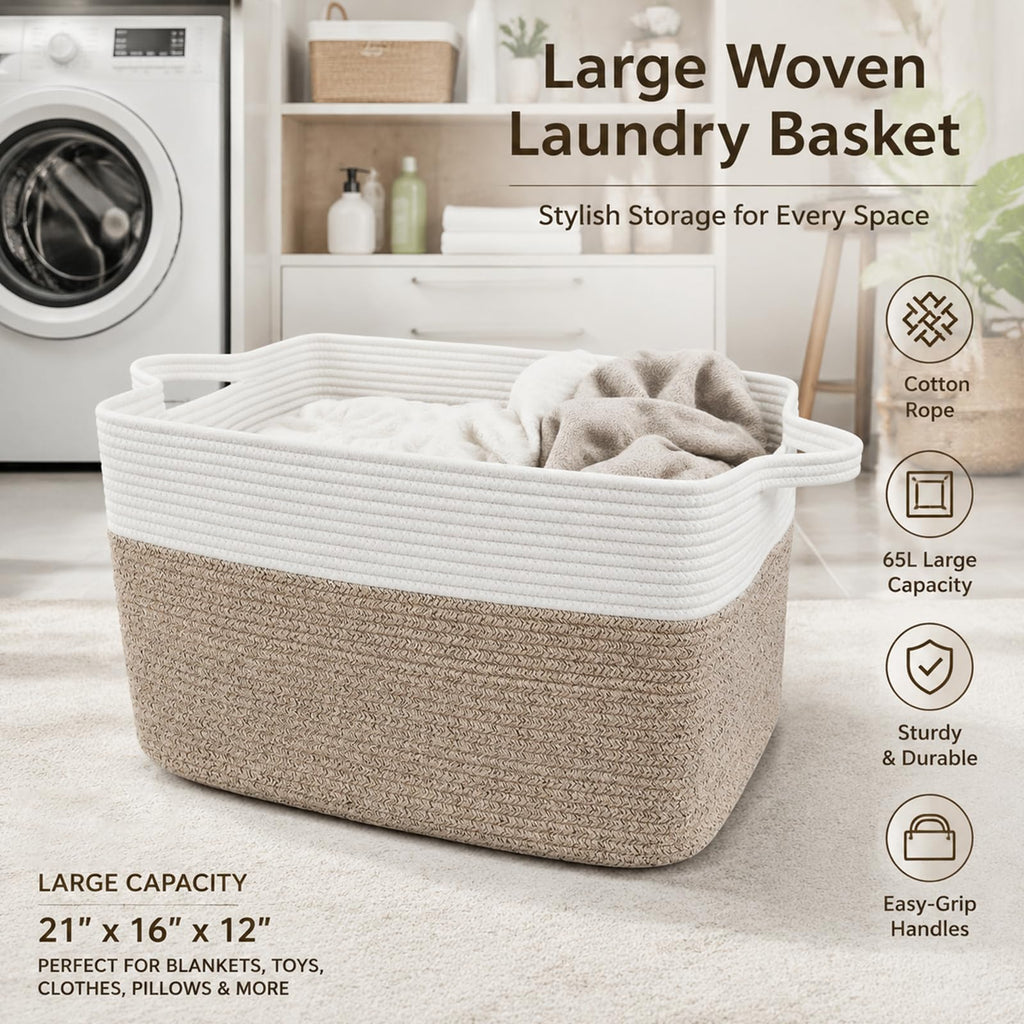HZFTJOY 65L Laundry Basket with Handles, Woven Blanket Basket, White/Brown | 21"×16"×12" Collapsible Cotton Rope Storage Basket for Toys Clothes & Pillows, Nursery, Bathroom, Bedroom, Living Room