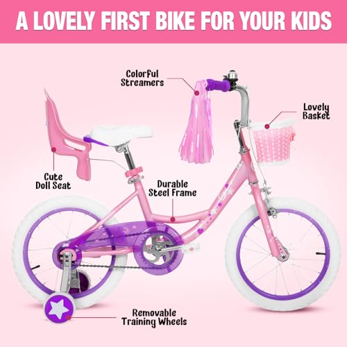 Yventix 14 16 Inch Kids Bike Girls Toddle Bicycle Ages 3-7 Training Wheels | High Carbon Steel Frame, Training Wheels, Basket, Doll Seat, Hand & Coaster Brakes, Chain Guard, Adjustable Seat & Handlebar