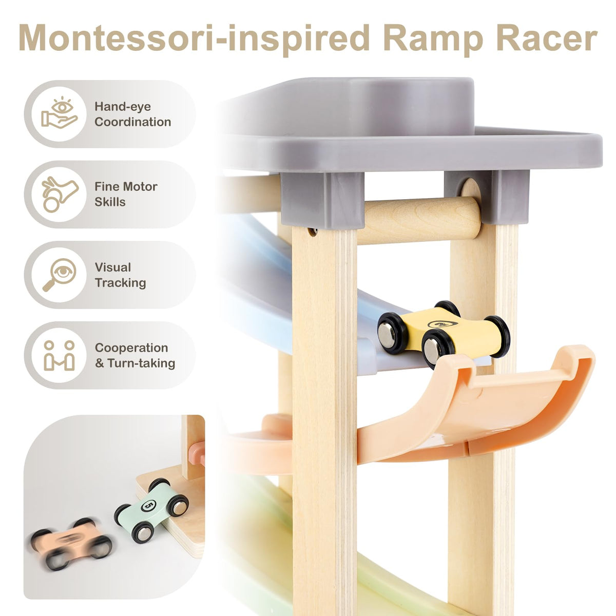 Joyreal Montessori Toddler Toys for 1 2 3 Year Old Wooden Car Ramp Toys | 7 Level Ramp Racer, 8 Mini Cars & 2 Garages, Toy Vehicle Set for Boys and Girls, Christmas Birthday Gifts for 1-2 Year Old