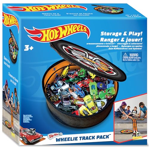 Hot Wheels ZipBin Wheelie Track Pack - Portable Toy Car Storage, Ages 3+ | Unzips Into 35.5in Racetrack Play Mat, Holds 100 Cars, Circle Tire Design with Carrying Handles for Travel, Ages 3+